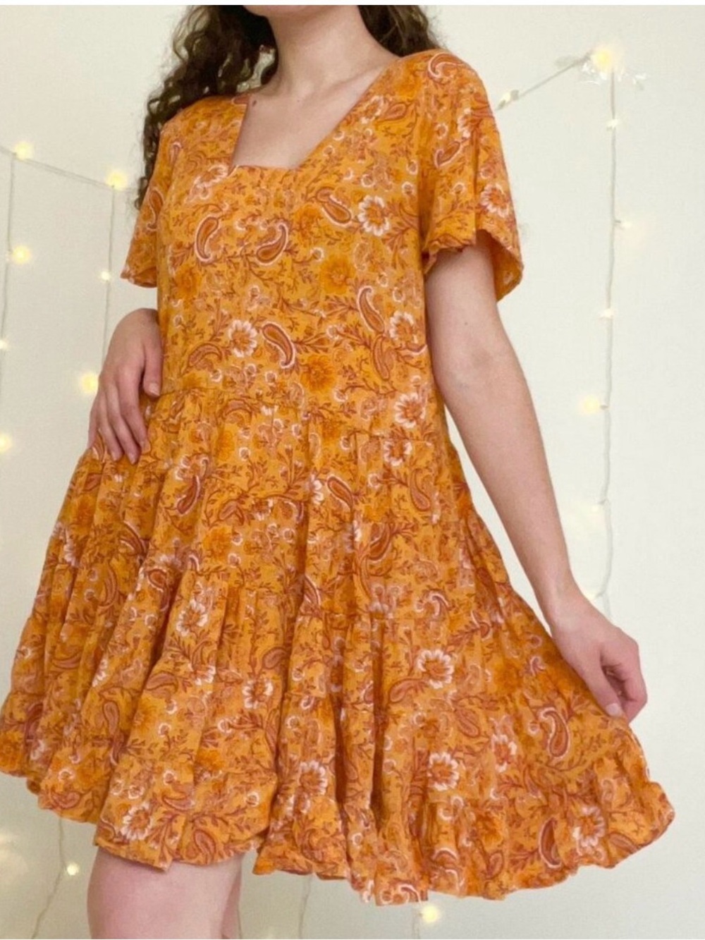 Orange floral and paisley print baby doll tiered dress Size M